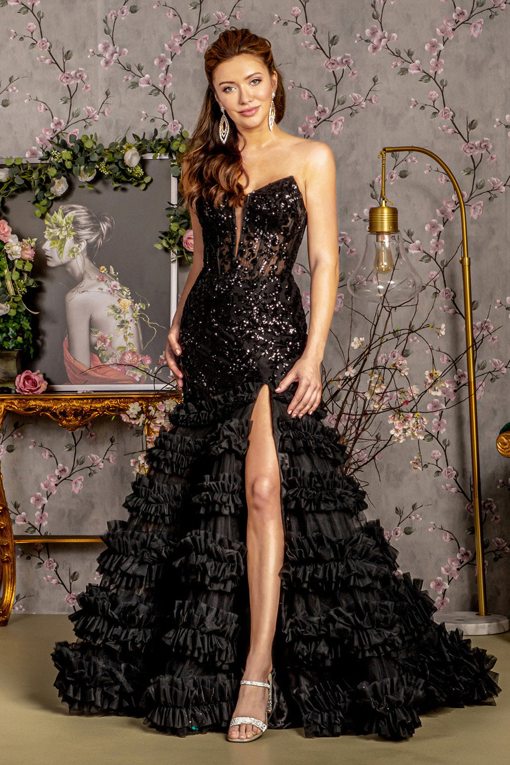 Sequin Sheer Bodice Ruffled Skirt Strapless Mesh Trumpet Long Dress-1