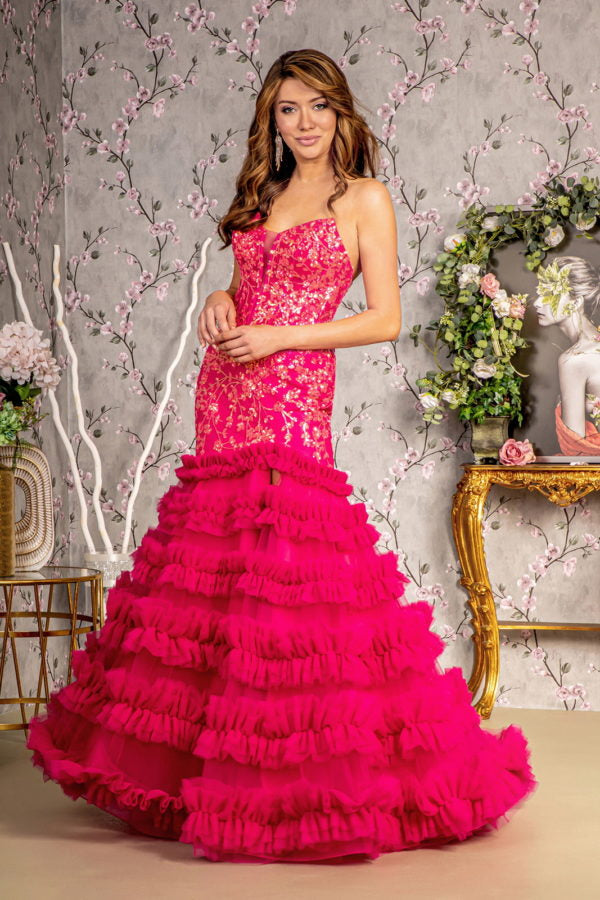 Sequin Sheer Bodice Ruffled Skirt Strapless Mesh Trumpet Long Dress-3