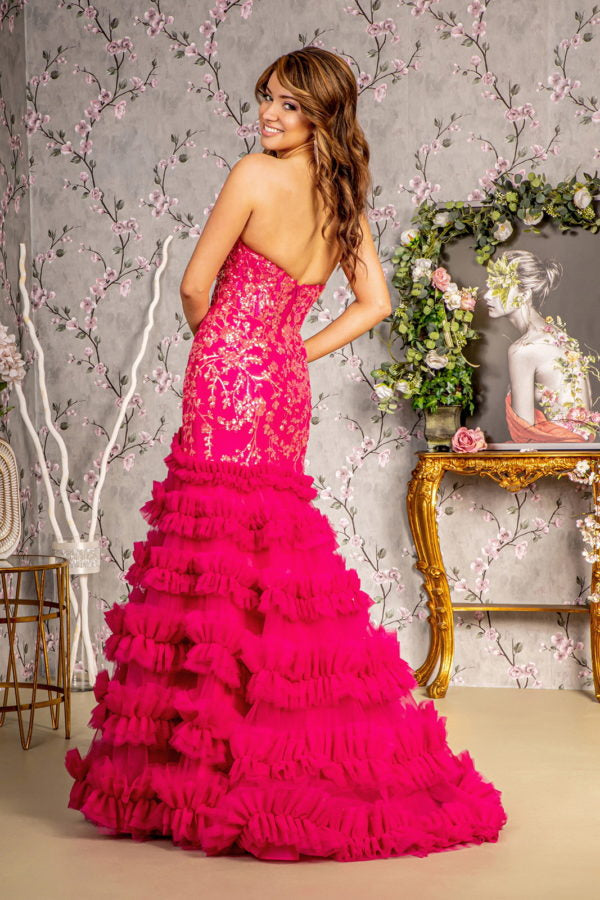 Sequin Sheer Bodice Ruffled Skirt Strapless Mesh Trumpet Long Dress-4