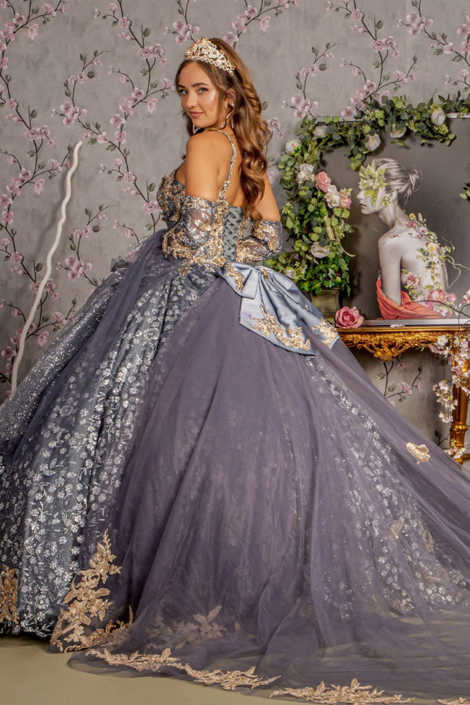 Metallic 3-D Butterfly Big Ribbon Mesh Ball Gown w/ Waist Drape-2