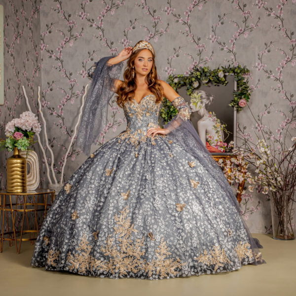 Metallic 3-D Butterfly Big Ribbon Mesh Ball Gown w/ Waist Drape-3