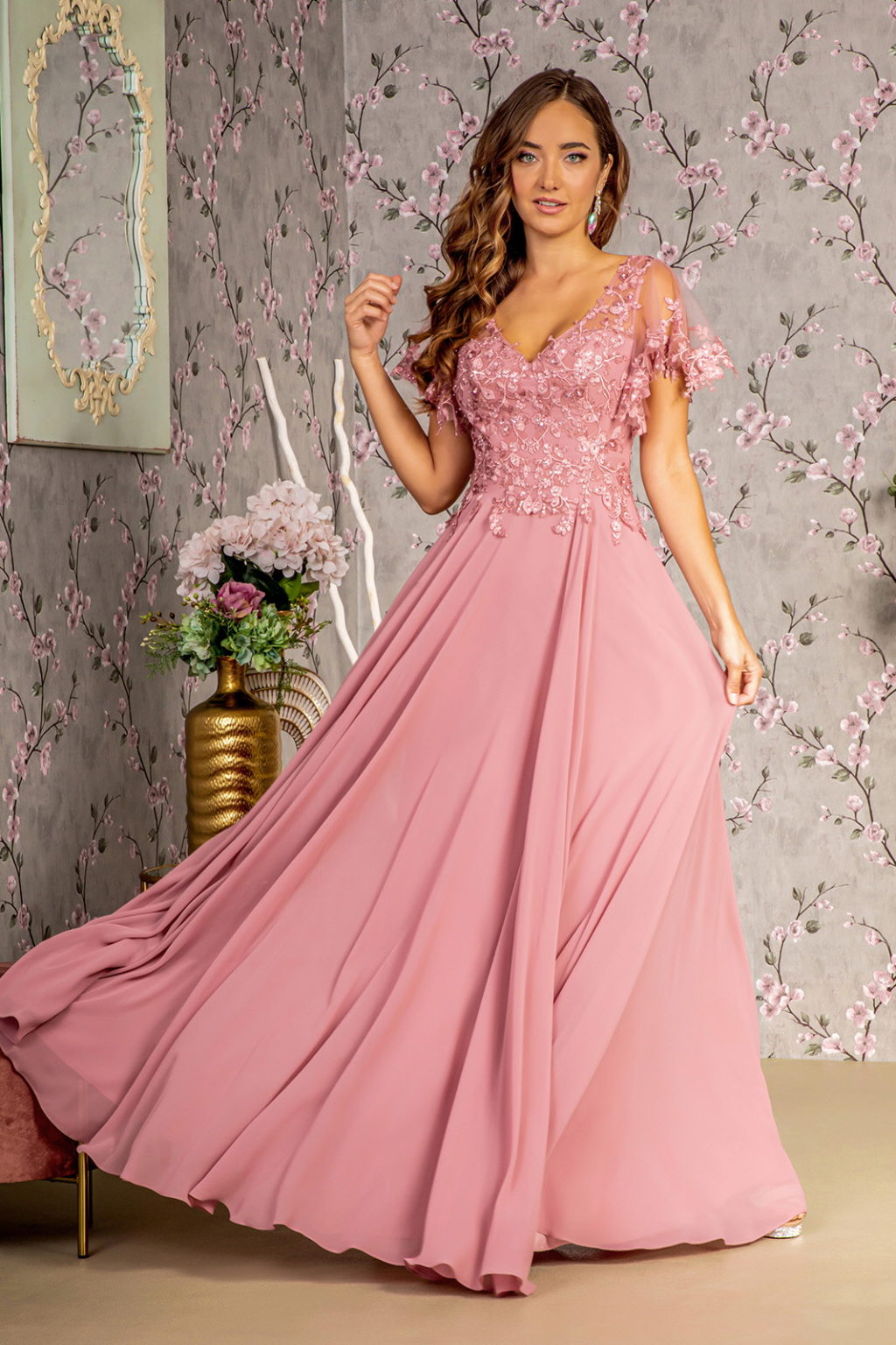 3-D Flower Embroidery Chiffon A-line Long Dress w/ Sheer Short Sleeves-1