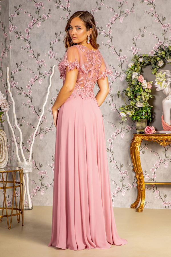 3-D Flower Embroidery Chiffon A-line Long Dress w/ Sheer Short Sleeves-2