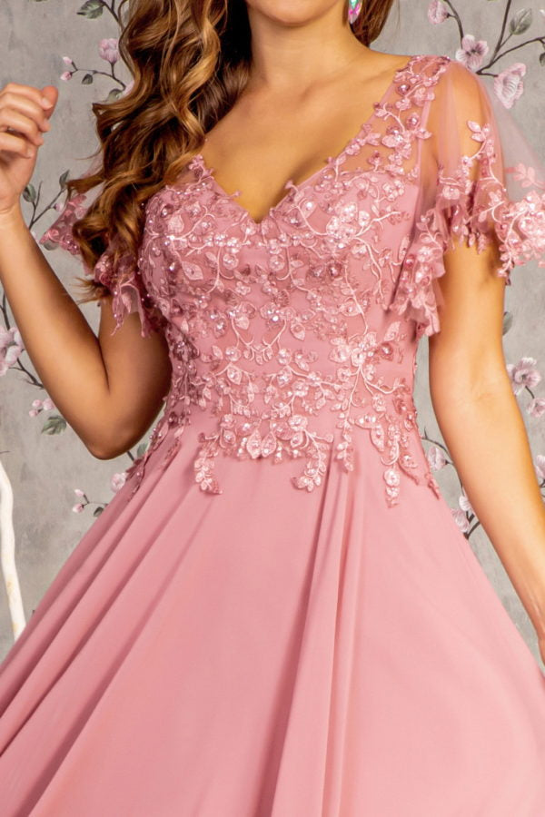 3-D Flower Embroidery Chiffon A-line Long Dress w/ Sheer Short Sleeves-3