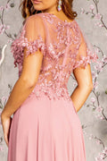 3-D Flower Embroidery Chiffon A-line Long Dress w/ Sheer Short Sleeves-4