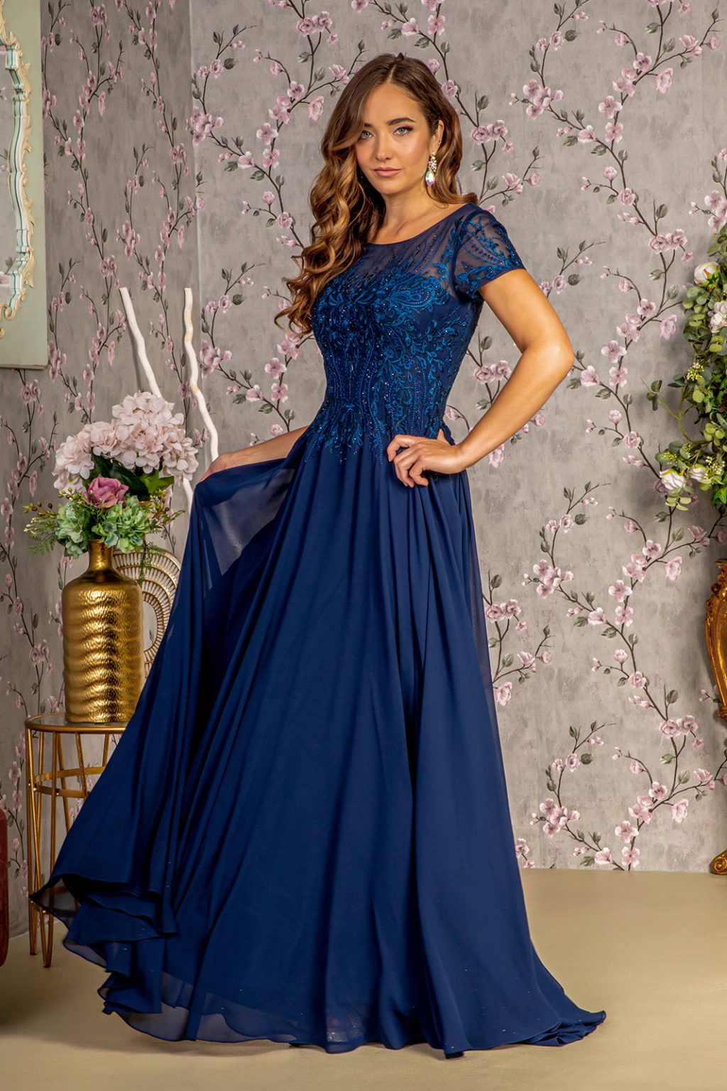 Bead Embroidery Sheer Neckline Chiffon A-line Long Dress-1