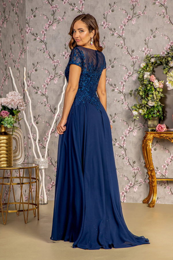 Bead Embroidery Sheer Neckline Chiffon A-line Long Dress-2