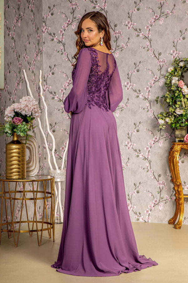 Floral Embroidery Sheer Boat Neckline Chiffon A-line Long Dress-2