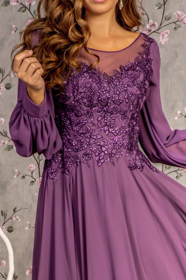 Floral Embroidery Sheer Boat Neckline Chiffon A-line Long Dress-3