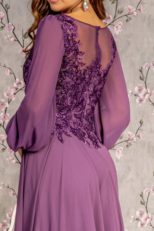 Floral Embroidery Sheer Boat Neckline Chiffon A-line Long Dress-4