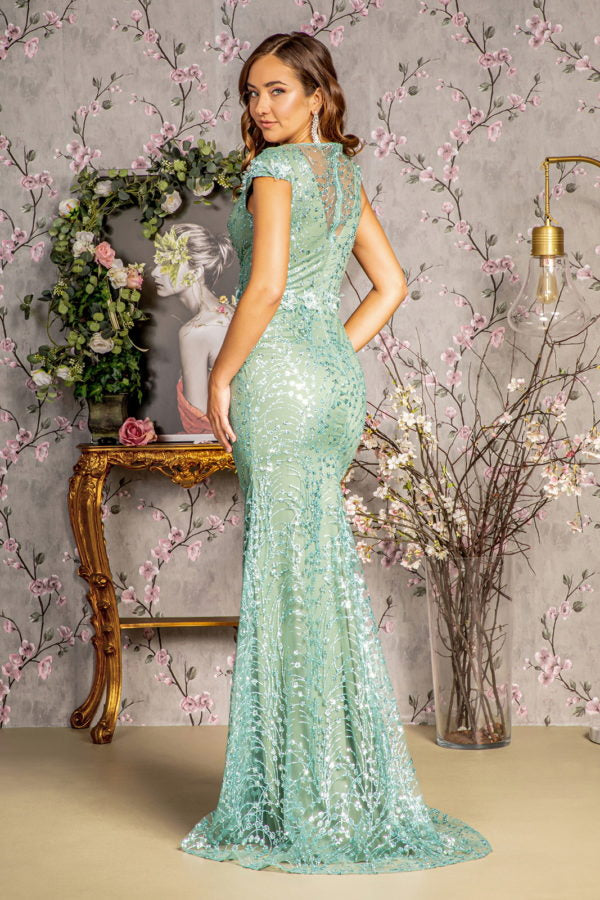 3-D Flower Glitter Sheer Neckline Mesh Mermaid Long Dress-2