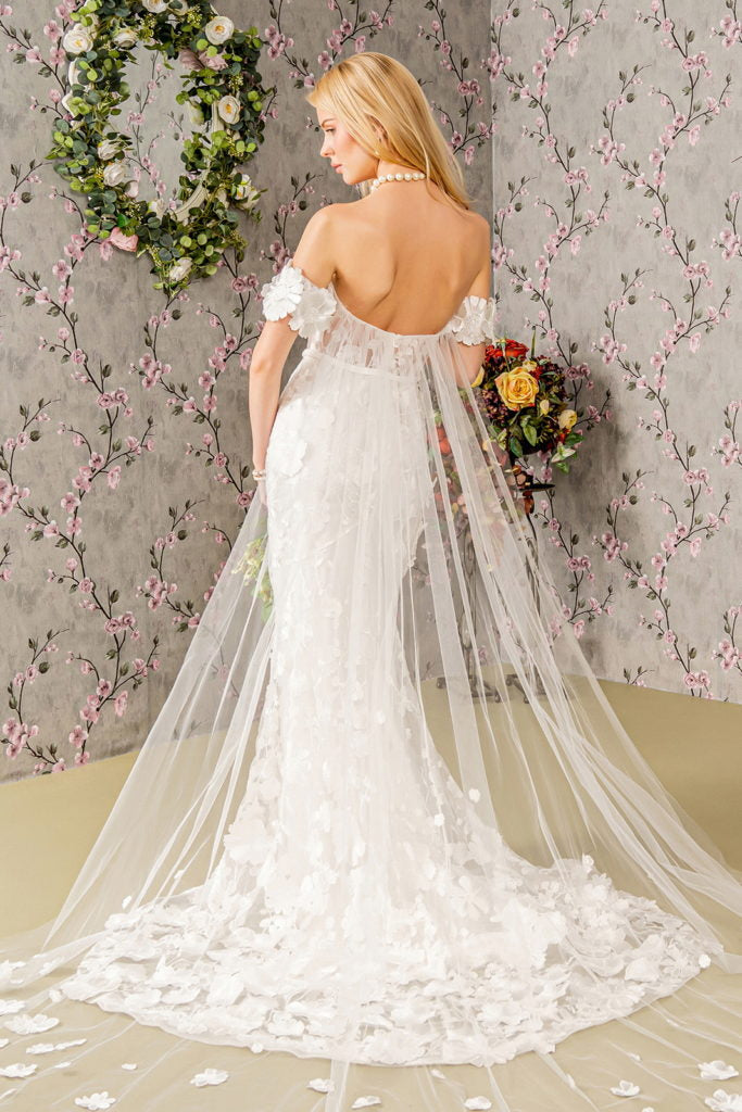 Floral Embroidery Mesh Mermaid Wedding Gown w/ Long Back Drape-2