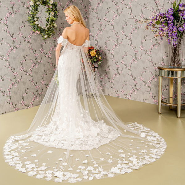 Floral Embroidery Mesh Mermaid Wedding Gown w/ Long Back Drape-3