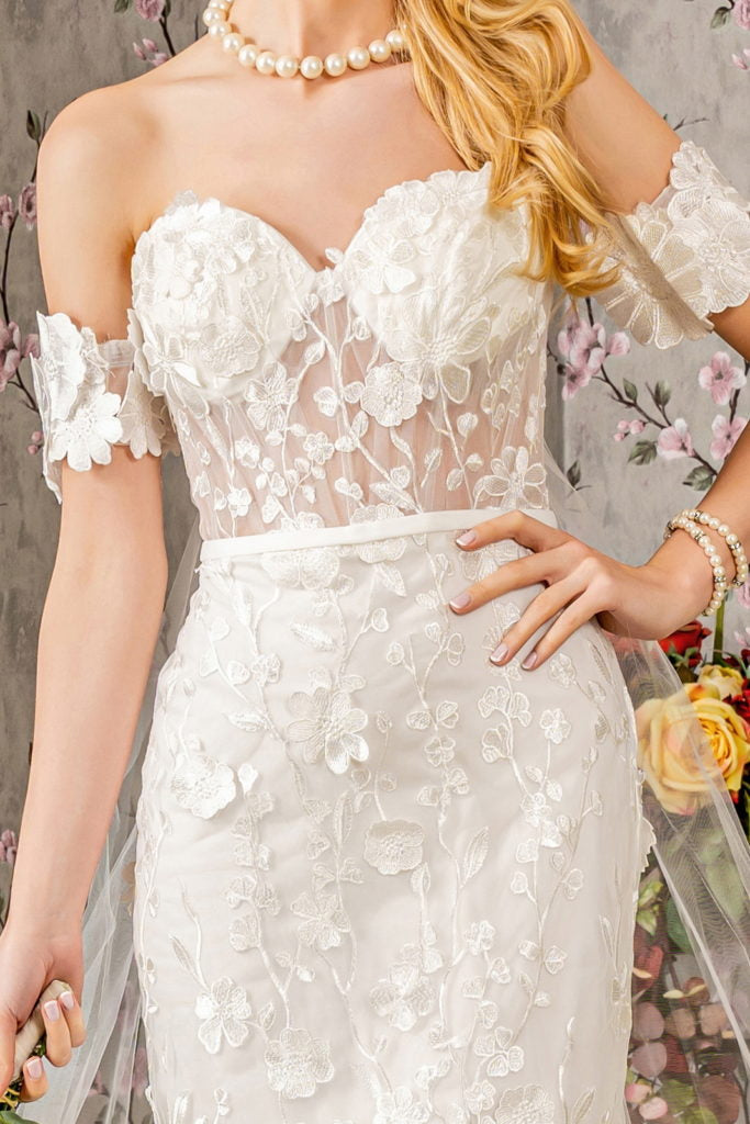 Floral Embroidery Mesh Mermaid Wedding Gown w/ Long Back Drape-4