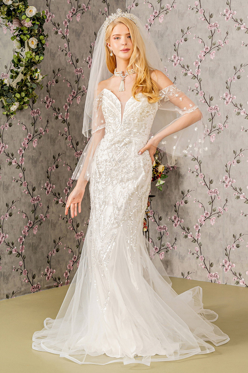 Bead Sequin Mesh Mermaid Wedding Gown w/ Long Sleeves-1