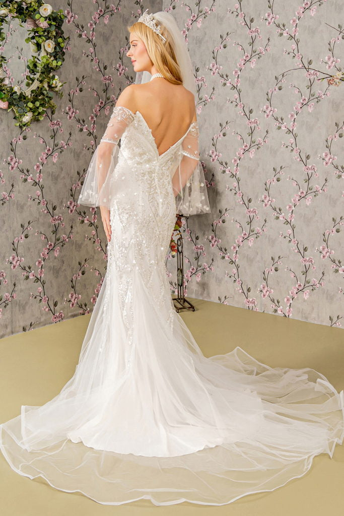 Bead Sequin Mesh Mermaid Wedding Gown w/ Long Sleeves-2