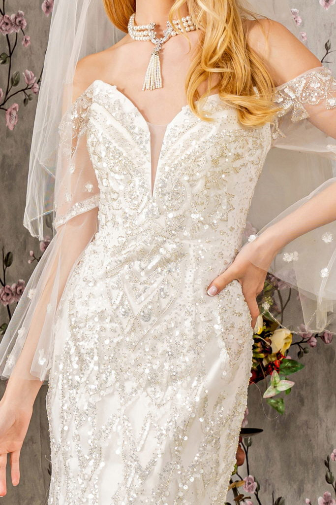 Bead Sequin Mesh Mermaid Wedding Gown w/ Long Sleeves-4