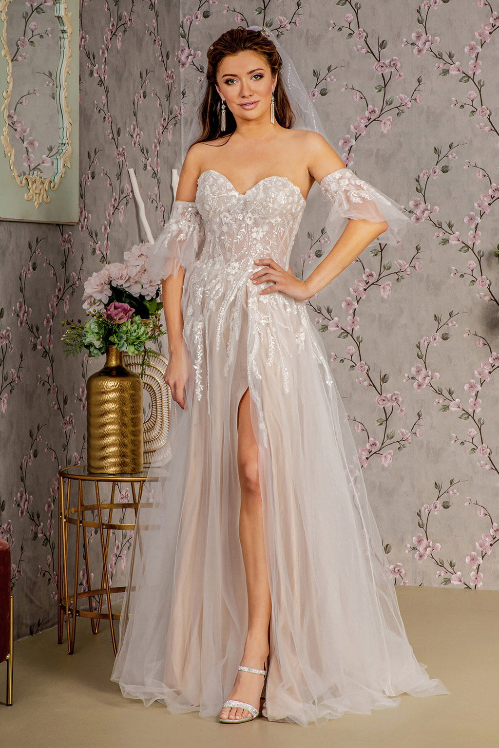 Sheer Bodice Mesh A-line Wedding Gown w/ Detachable Short Sleeves-1