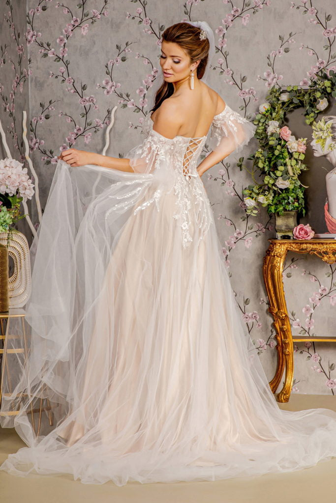Sheer Bodice Mesh A-line Wedding Gown w/ Detachable Short Sleeves-2