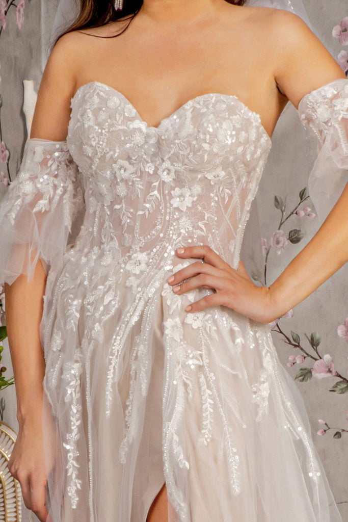 Sheer Bodice Mesh A-line Wedding Gown w/ Detachable Short Sleeves-3