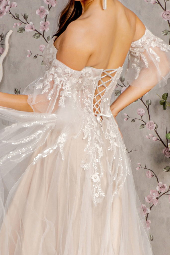 Sheer Bodice Mesh A-line Wedding Gown w/ Detachable Short Sleeves-4