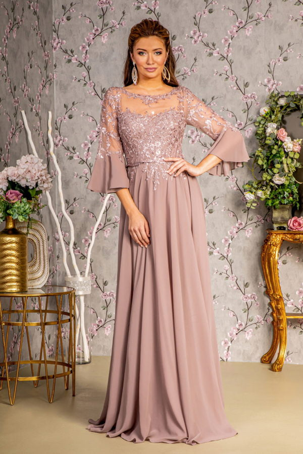 Floral Embroidery Bead Chiffon A-line Long Dress w/ Waist Band-3