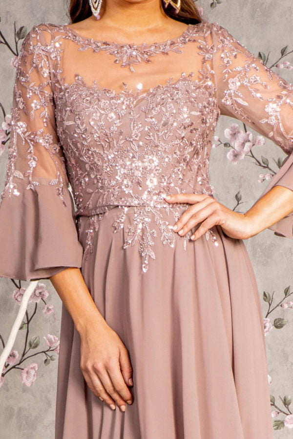 Floral Embroidery Bead Chiffon A-line Long Dress w/ Waist Band-4