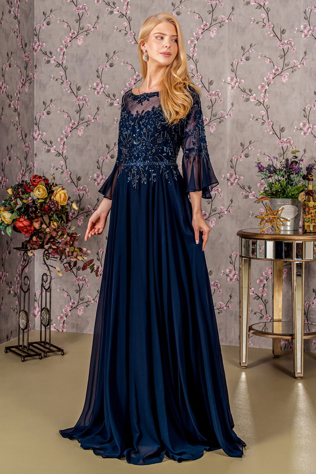 Floral Embroidery Bead Chiffon A-line Long Dress w/ Waist Band-1