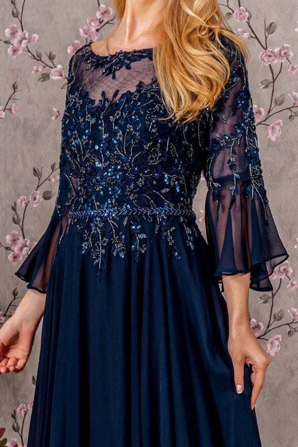 Floral Embroidery Bead Chiffon A-line Long Dress w/ Waist Band-2