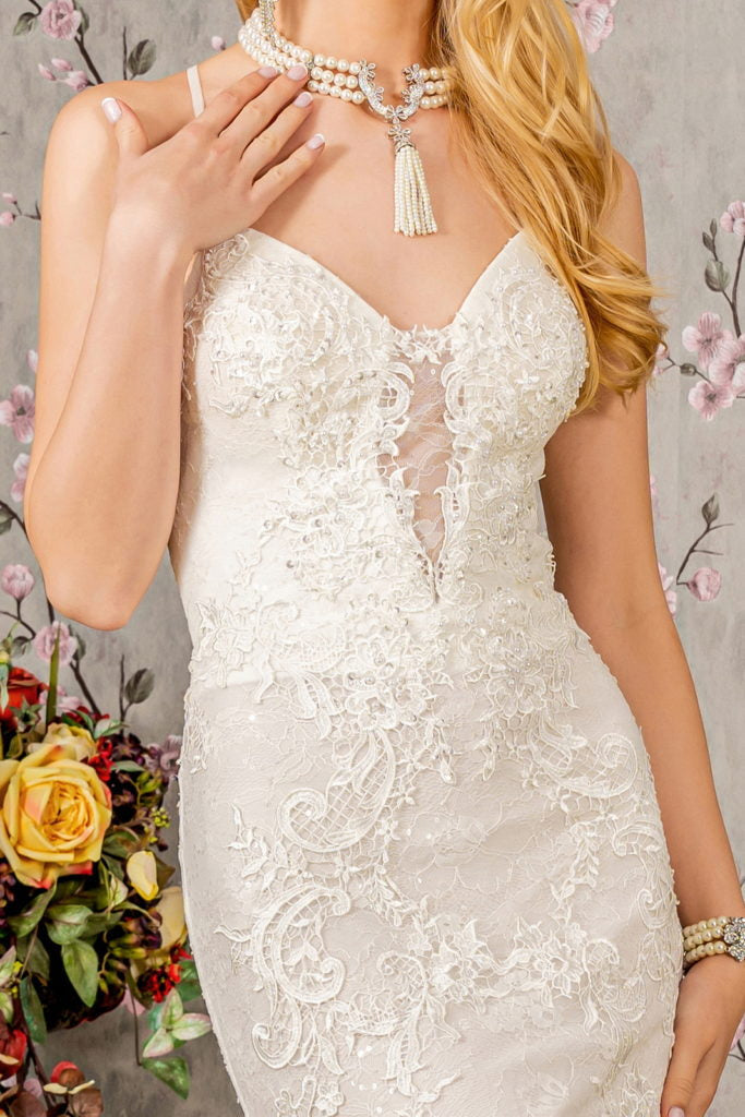 Floral Embroidery Illusion Sweetheart Lace Mermaid Wedding Gown-3