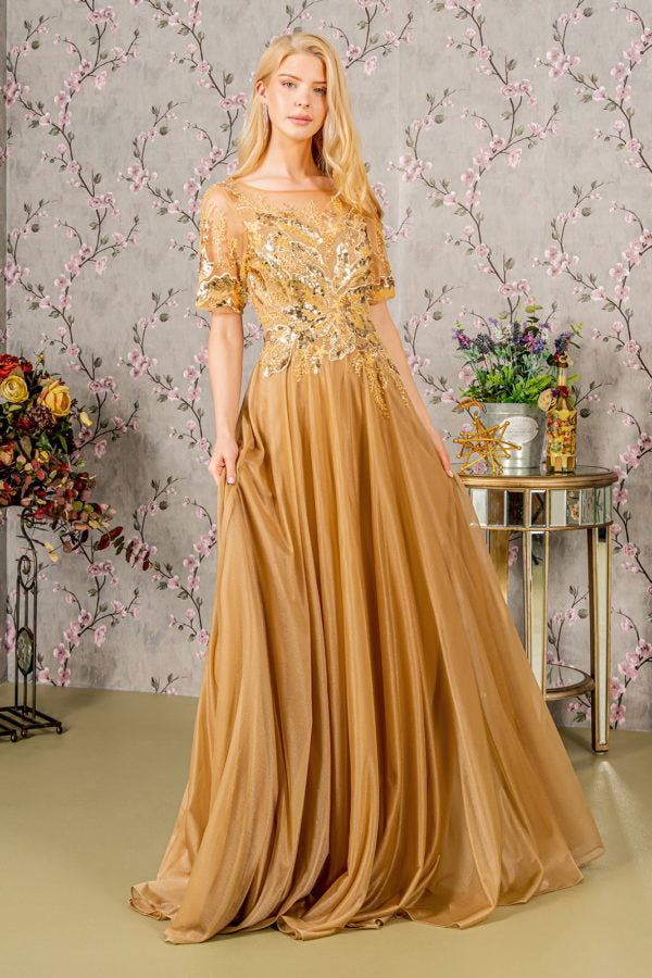 Metallic Embroidery Sheer Neckline Glitter Crepe A-line Long Dress-4