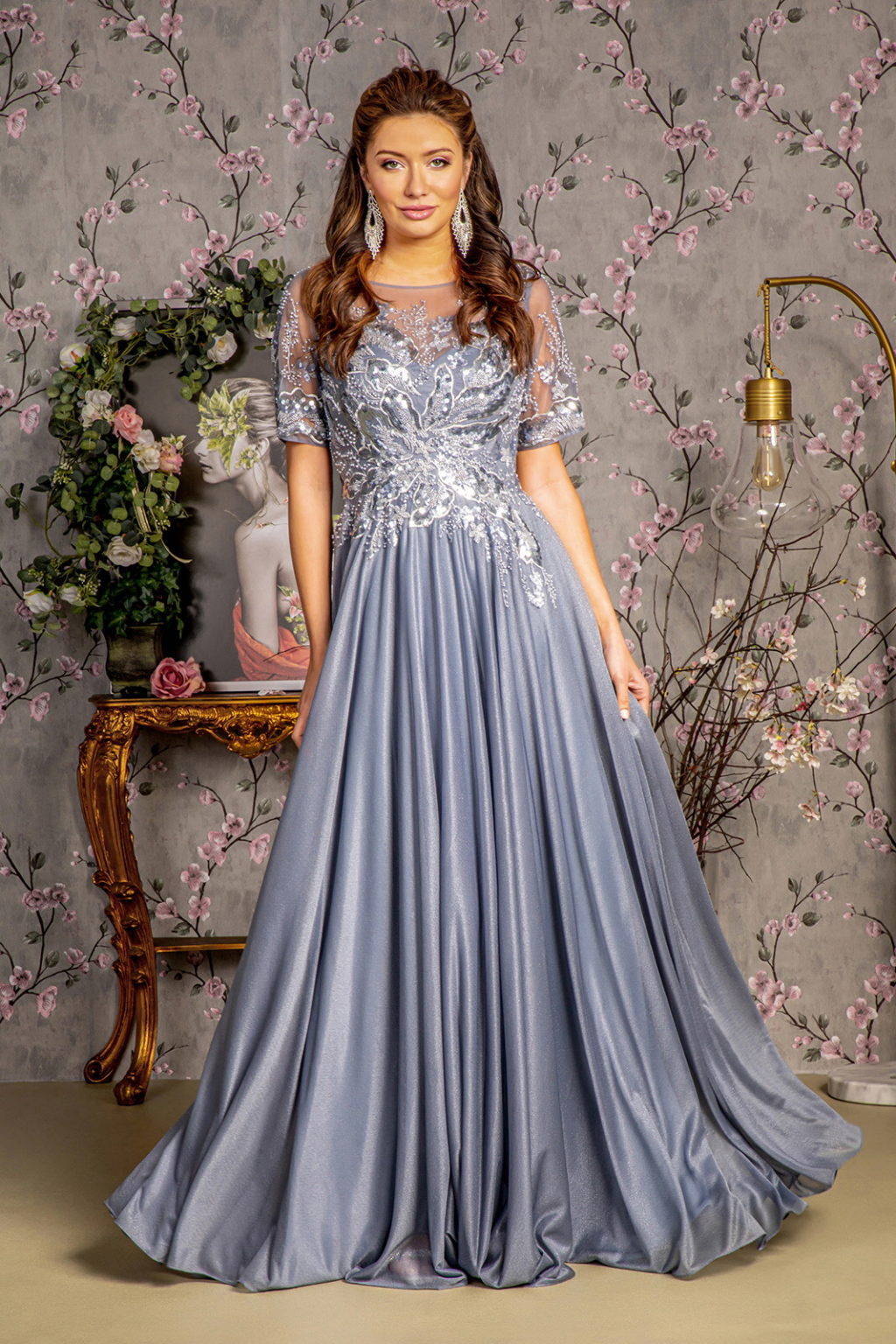 Metallic Embroidery Sheer Neckline Glitter Crepe A-line Long Dress-1