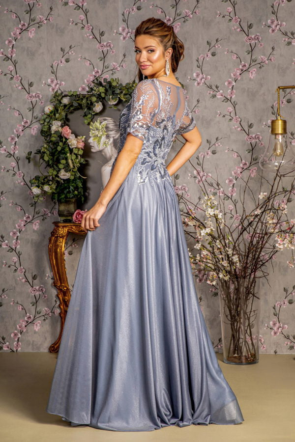 Metallic Embroidery Sheer Neckline Glitter Crepe A-line Long Dress-1