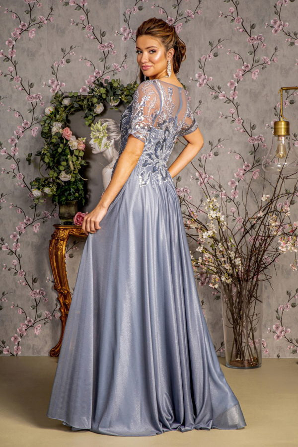 Metallic Embroidery Sheer Neckline Glitter Crepe A-line Long Dress-2