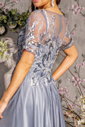 Metallic Embroidery Sheer Neckline Glitter Crepe A-line Long Dress-4