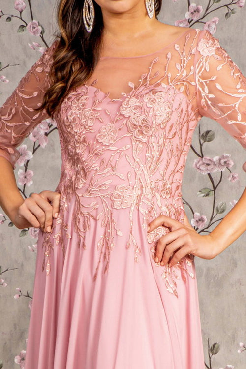 Bead Embroidery Sheer Neckline V-back Chiffon A-line Long Dress-1