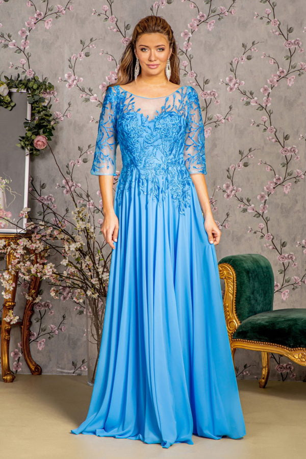 Bead Embroidery Sheer Neckline V-back Chiffon A-line Long Dress-3