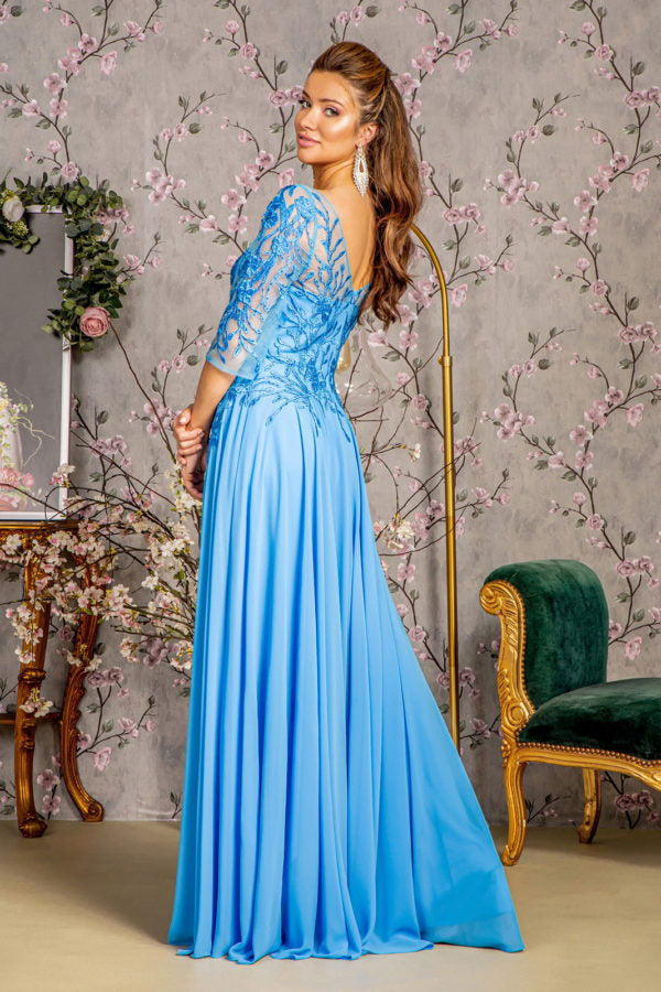 Bead Embroidery Sheer Neckline V-back Chiffon A-line Long Dress-4