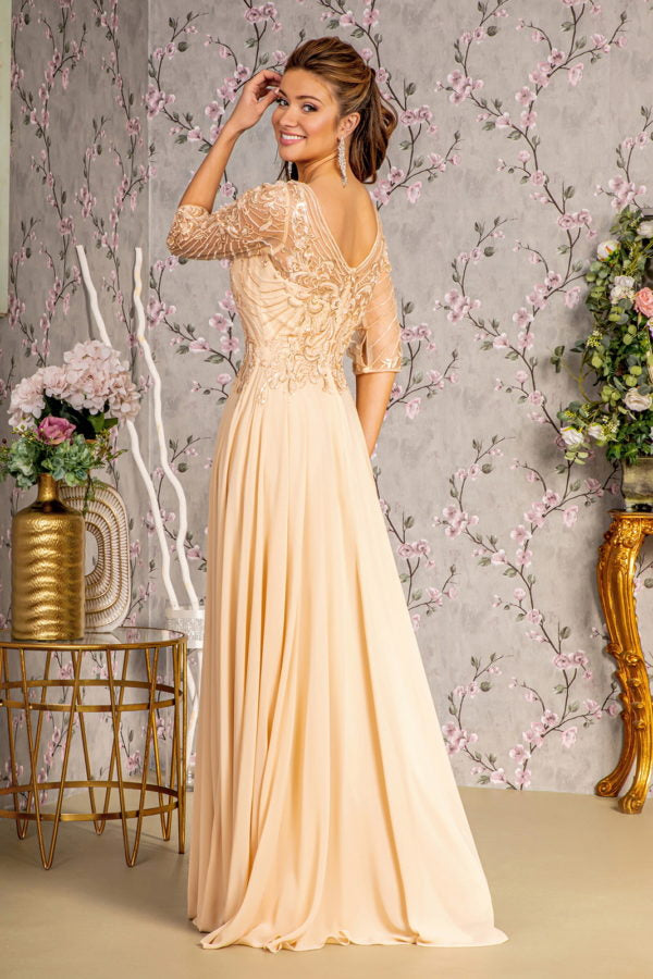 Metallic Sequin Sheer Neckline Chiffon A-line Long Dress-4