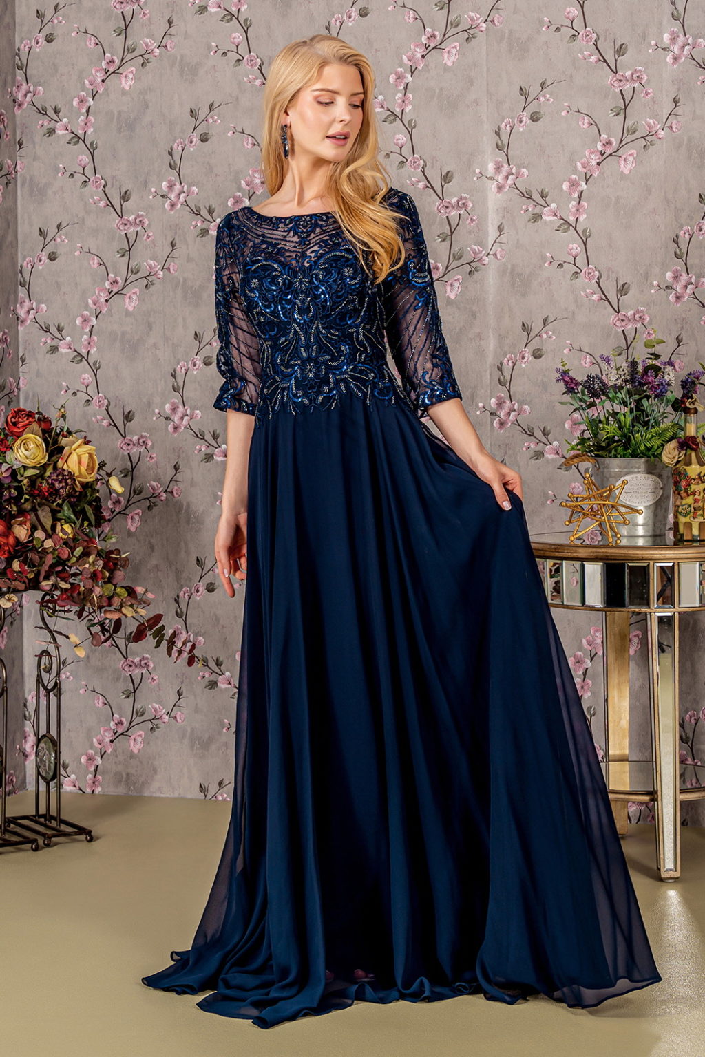 Metallic Sequin Sheer Neckline Chiffon A-line Long Dress-1