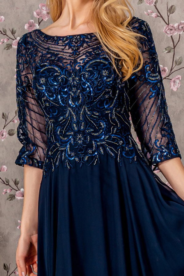 Metallic Sequin Sheer Neckline Chiffon A-line Long Dress-2