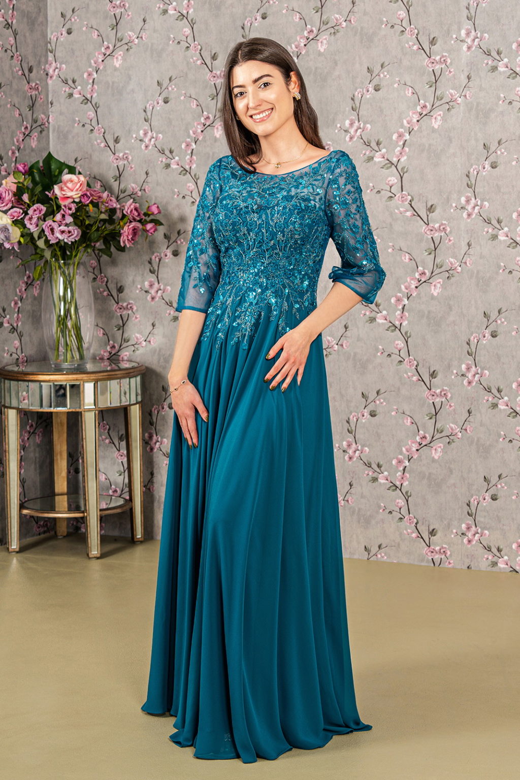 Bead Embroidery Sheer Neckline Chiffon Mermaid Long Dress-1