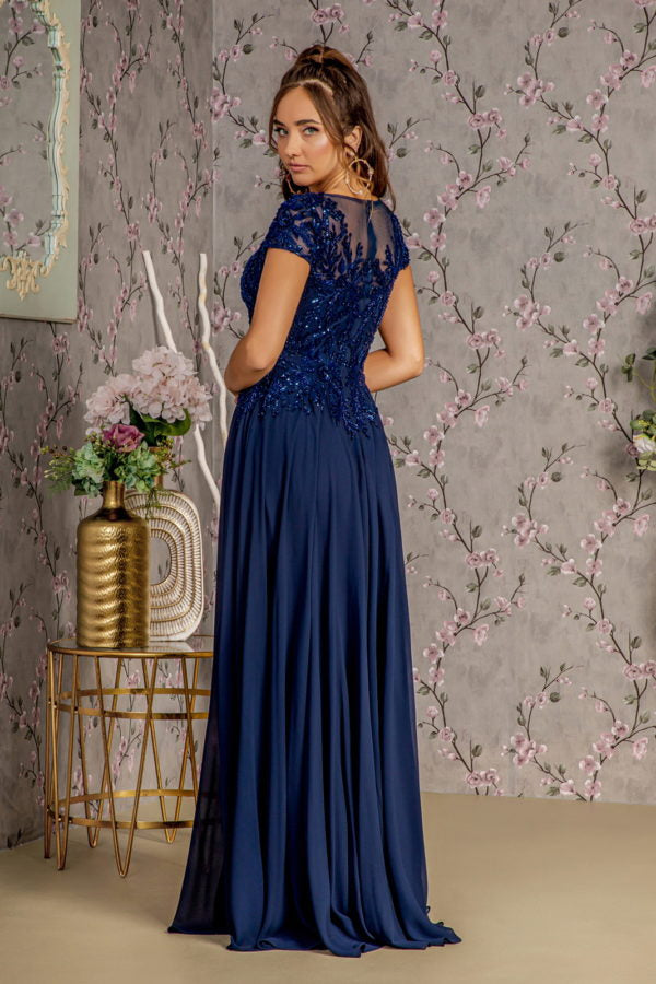 Embroidery Sequin Sheer V-neckline Chiffon A-line Long Dress-2