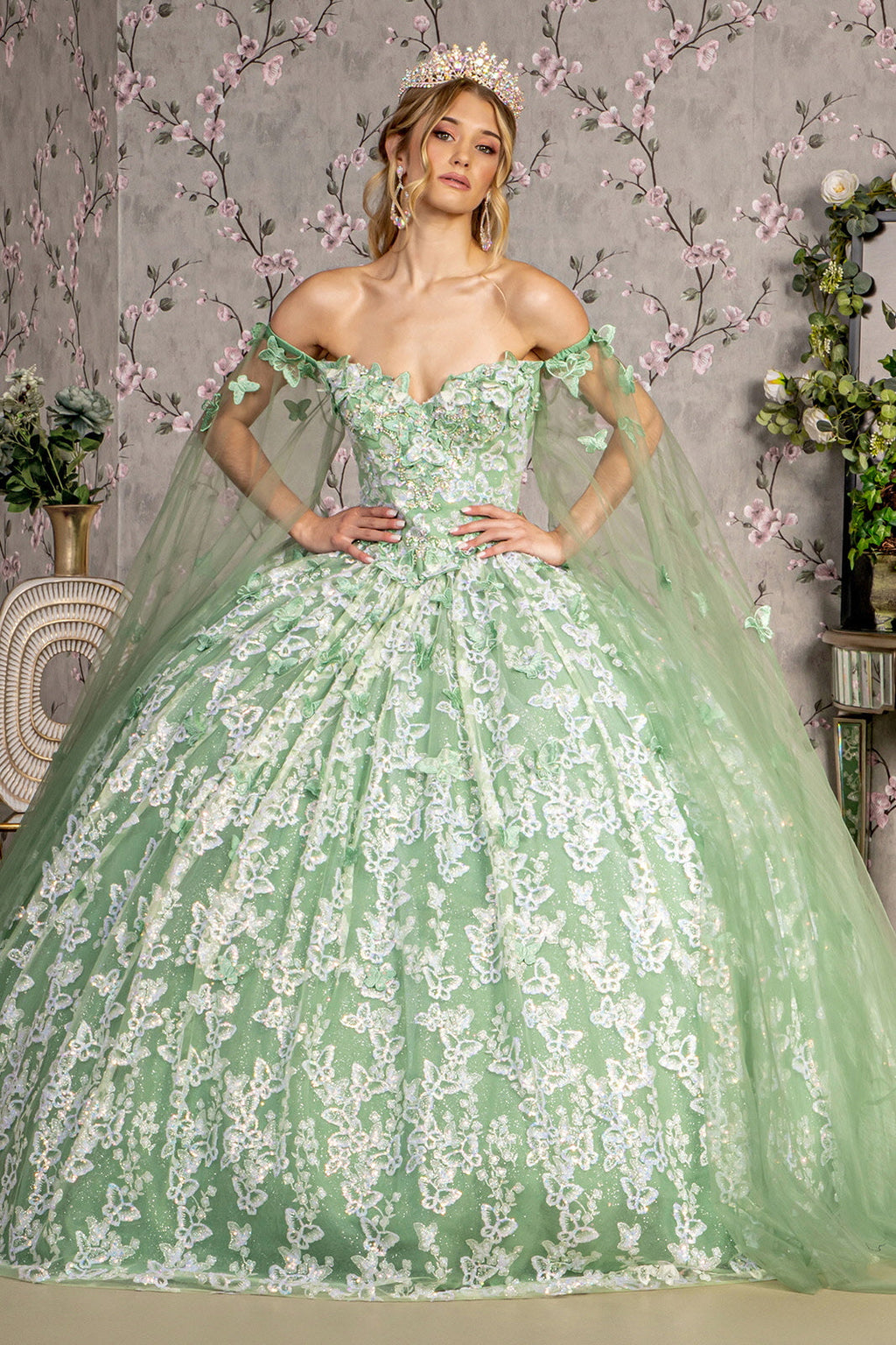 Jewel 3-D Butterfly Mesh Ball Gown w/ Long Sheer Sleeve Drapes-0
