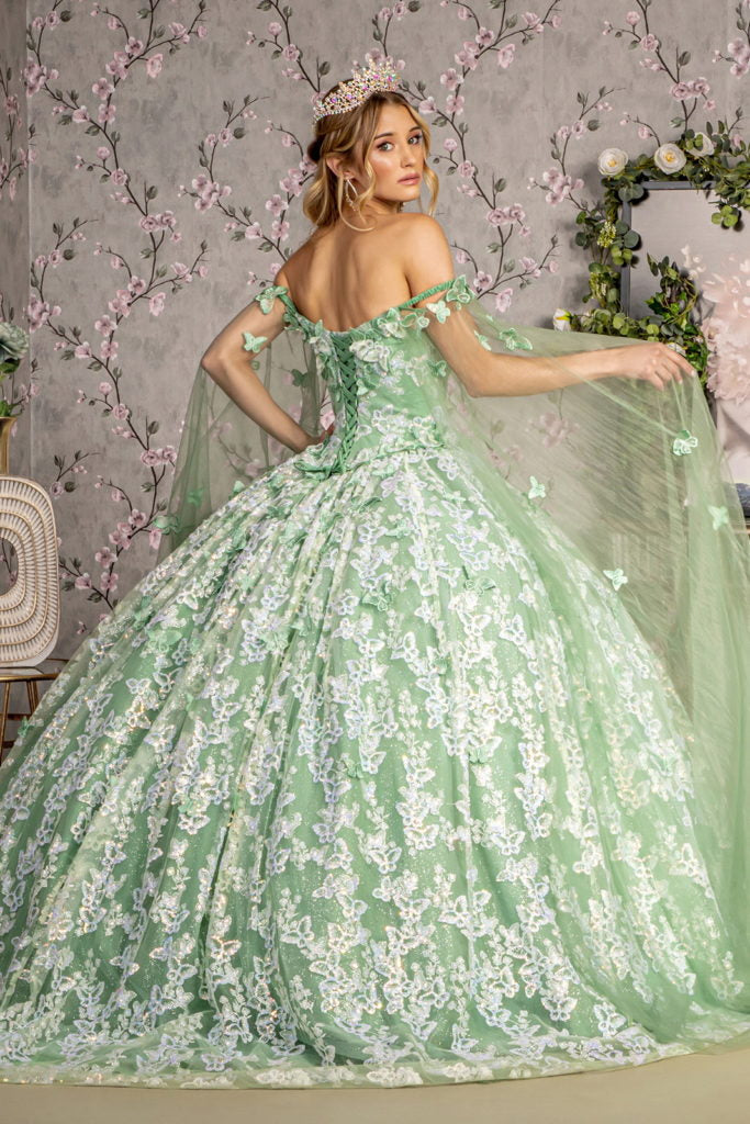 Jewel 3-D Butterfly Mesh Ball Gown w/ Long Sheer Sleeve Drapes-2