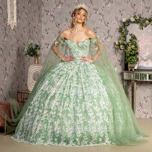 Jewel 3-D Butterfly Mesh Ball Gown w/ Long Sheer Sleeve Drapes-3