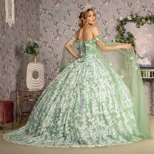 Jewel 3-D Butterfly Mesh Ball Gown w/ Long Sheer Sleeve Drapes-4