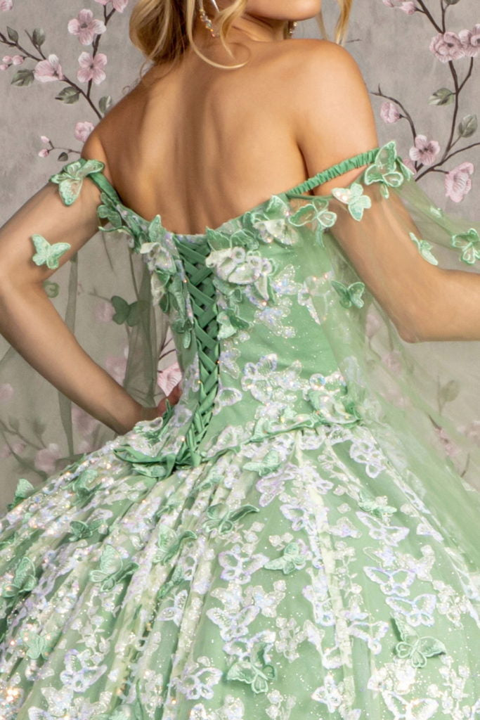 Jewel 3-D Butterfly Mesh Ball Gown w/ Long Sheer Sleeve Drapes-4