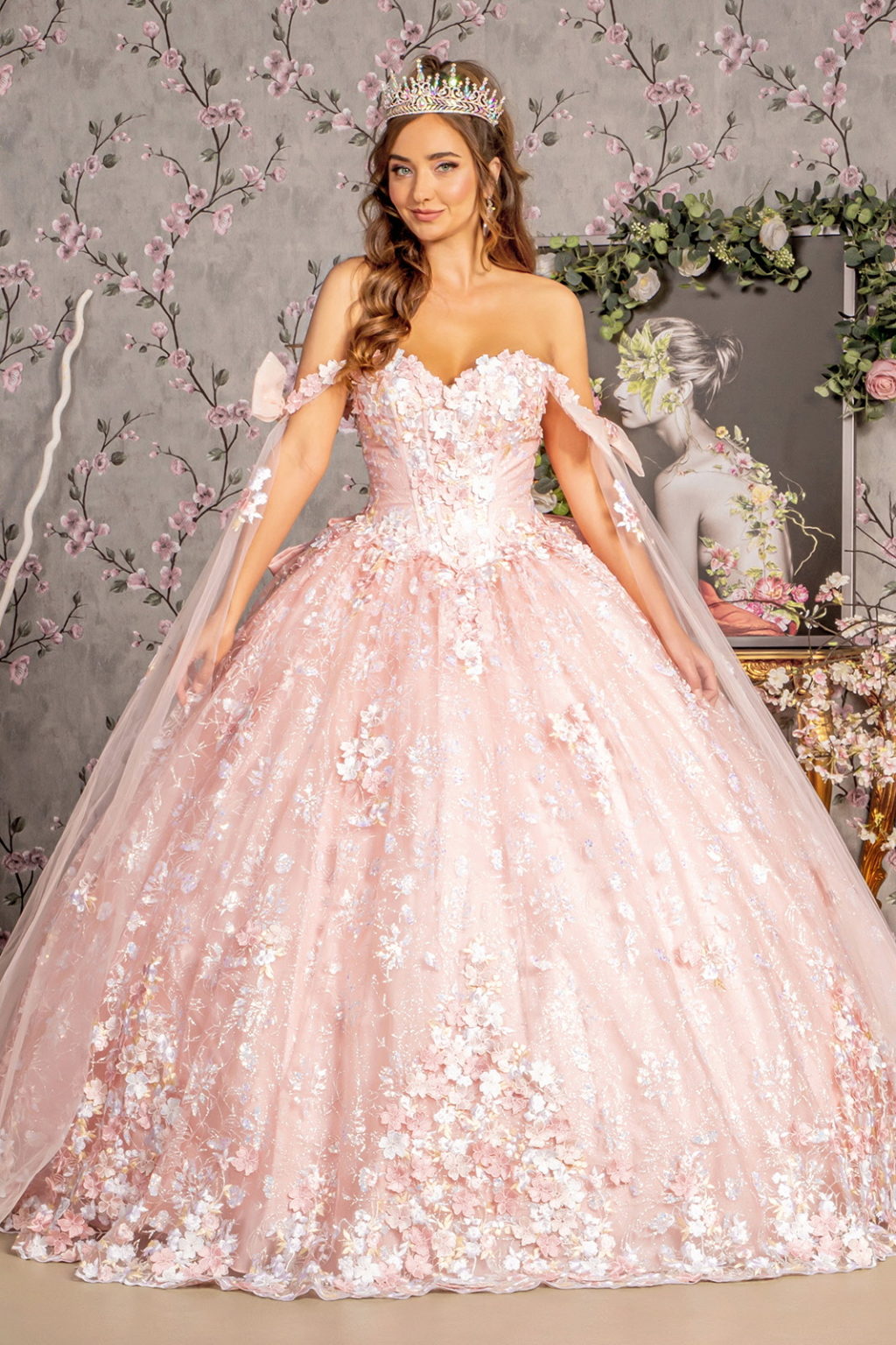 Detachable Ribbons Jewel Mesh Ball Gown w/ Side Mesh Long Drapes-1