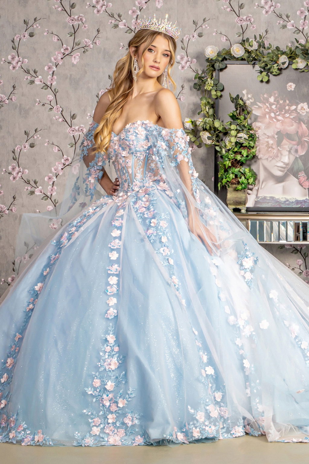 3-D Flower Sheer Bodice Mesh Ball Gown w/ Side Mesh Long Drapes-1